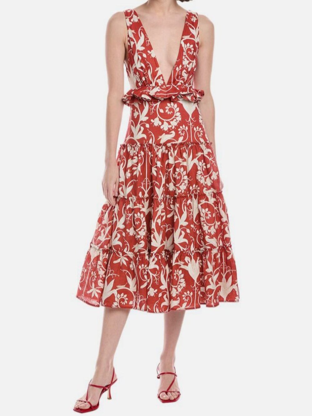 Agua By Agua Bendita Women's Red Alma Lago Maiz Linen Ruffled MIDI-Dress Size S